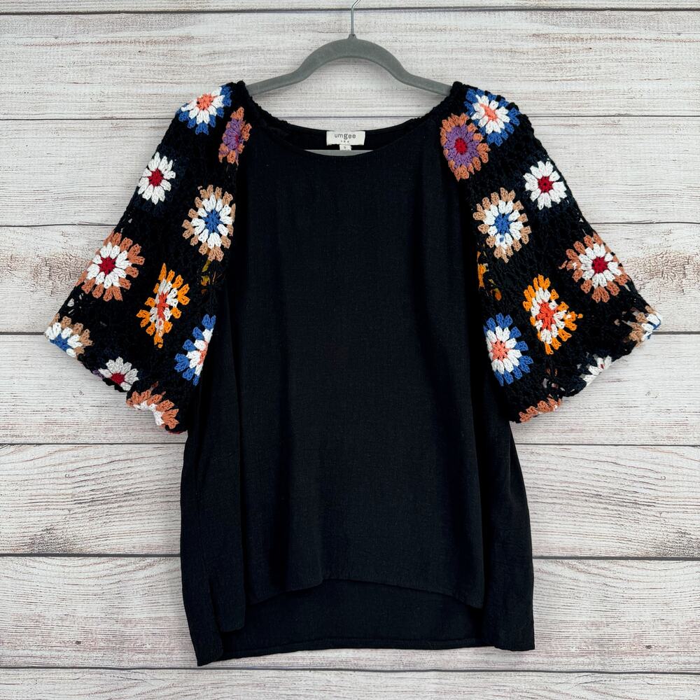 Umgee USA Grannie Square Sleeve Linen Blend Blouse Womens‎ Small Black